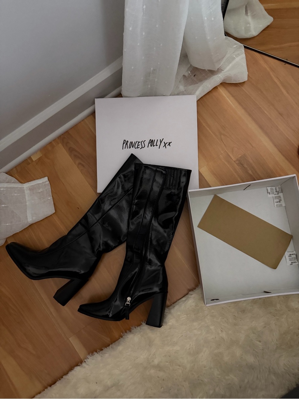 Princess Polly Black Patent Knee-High Block Heel Boots